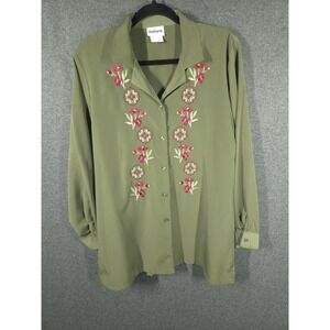 Vtg BonWorth Cottagecore Blouse Green  Embroidered Button Up Shirt Womens Medium
